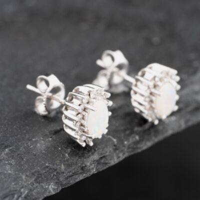 Pre-Owned 18ct White Gold Opal & Diamond Oval Cluster 8.5mm Stud Earrings 41172771