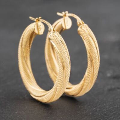 Pre-Owned 9ct Yellow Gold 26.5mm Textured Twist Hoop Earrings 41172950