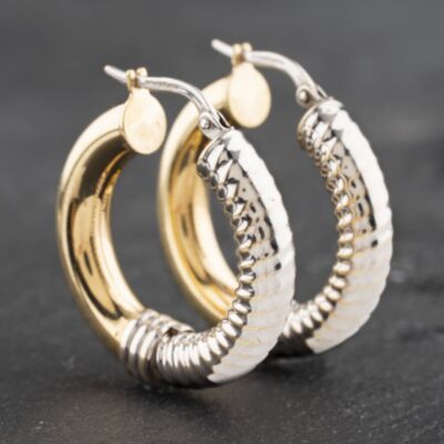 Pre-Owned 9ct Two Colour Gold 25mm Textured And Plain Hoop Earrings 41172961