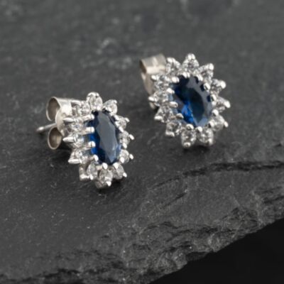 Pre-Owned White Gold Blue Glass & Cubic Zirconia Oval Flower Cluster 11mm Stud Earrings 41173149
