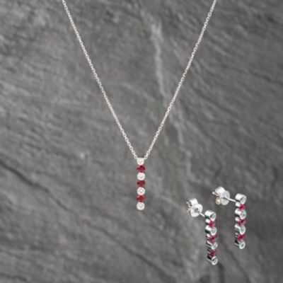 Pre-Owned 14ct White Gold Ruby & 0.14ct Diamond 16 Inch Pendant & Earrings Jewellery Set 41173158