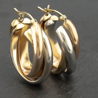 Pre-Owned 9ct Three Colour Gold 25mm Triple Creole Earrings 41173172