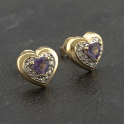 Pre-Owned 9ct Yellow Gold Amethyst & Diamond Heart 9mm Stud Earrings 41173175