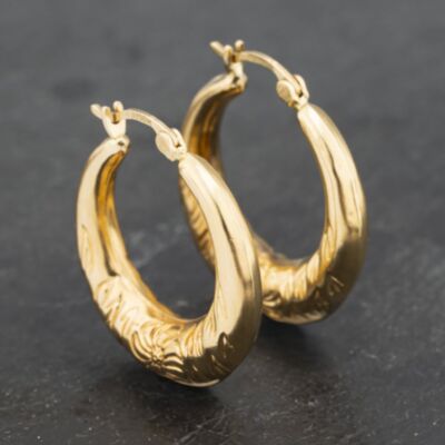 Pre-Owned 9ct Yellow Gold 25mm Flower Engraved Creole Earrings 41173185