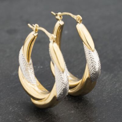 Pre-Owned 9ct Two Colour Gold 30mm Chunky Oval Creole Earrings 41173189