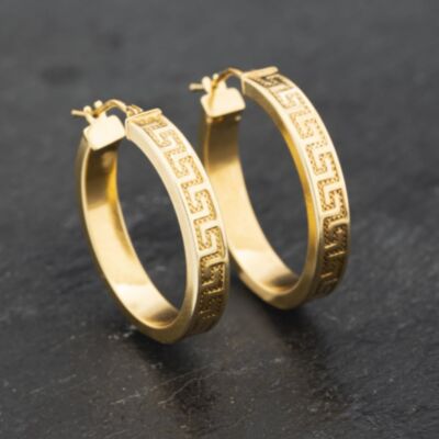 Pre-Owned 9ct Yellow Gold 25mm Greek Key Hoop Earrings 41173250