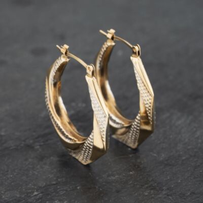 Pre-Owned Two Colour Gold 25mm Hexagon Pattern Creole Earrings 41173293