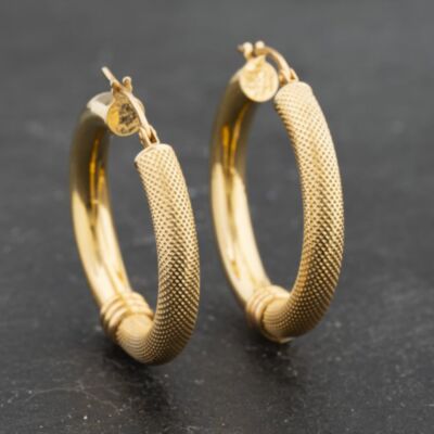 Pre-Owned 9ct Yellow Gold 74mm Plain And Frosted Hoop Earrings 41173324