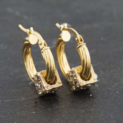 Pre-Owned Yellow Gold 17mm Cubic Zirconia Twisted With Cube Slider Hoop Earrings 41173381