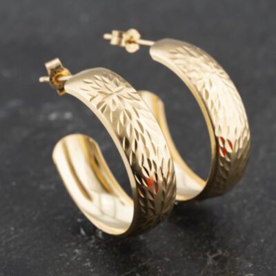 Pre-Owned Yellow Gold Diamond Cut Spray Pattern Hoop Earrings 41173395