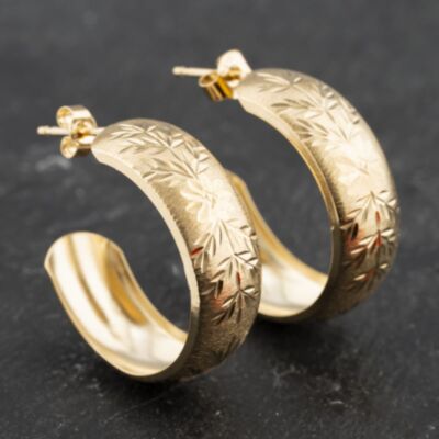 Pre-Owned 9ct Yellow Gold Diamond Cut Leaf Pattern Hoop Earrings 41173404