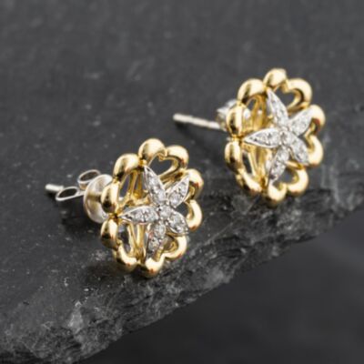Pre-Owned 9ct Two Colour Gold 11.6mm Brilliant Cut Diamond Flower Stud Earrings 41173411