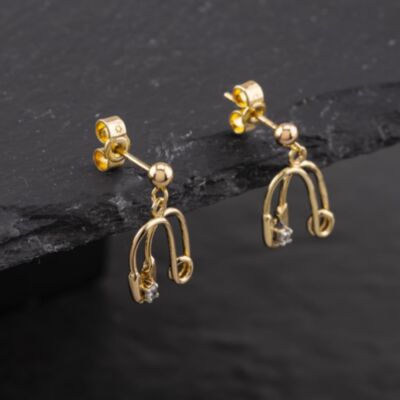 Pre-Owned 9ct Yellow Gold 18mm 0.04ct Diamond Safety Pin Design Dropper Earrings 41173484