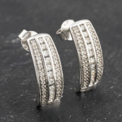 Pre-Owned 9ct White Gold 18mm Diamond Three Row Dropper Earrings 41173523