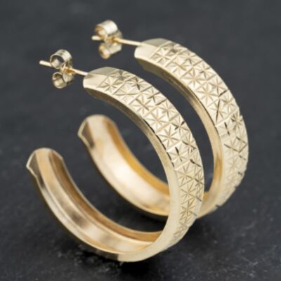 Pre-Owned 9ct Yellow Gold 33.7mm Diamond Patterned Hoop Earrings 41173572
