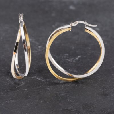 Pre-Owned 9ct Two Colour Gold 36mm Crossover Hoop Earrings 41173580