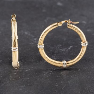 Pre-Owned 9ct Two Colour Gold 32mm Mesh Style Pattern Hoop Earrings 41173588