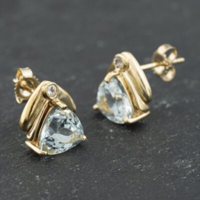 Pre-Owned 9ct Yellow Gold Aquamarine & White Sapphire Triangle Stud Earrings 41173612