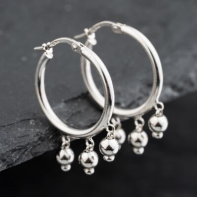 Pre-Owned 9ct White Gold 61.5mm Tassel Bead Hoop Earrings 41173633