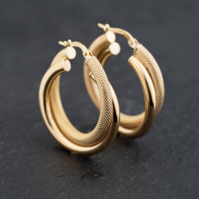 Pre-Owned 9ct Yellow Gold 30mm Double Crossover Plain & Textured Hoop Earrings 41173643