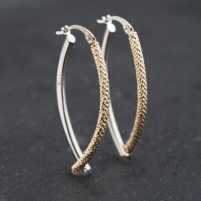 Pre-Owned 9ct Two Colour Gold 41.4mm Large Oval Crossover Plain & Textured Hoop Earrings 41173646