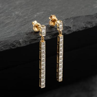 Pre-Owned 9ct Two Colour Gold 36mm 0.13ct Diamond Set Bar Dropper Earrings 41173868
