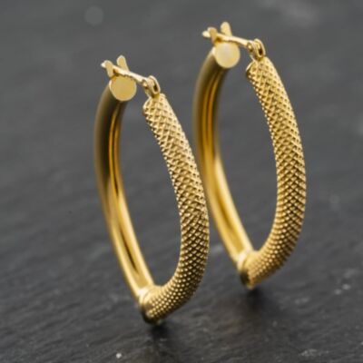 Pre-Owned 9ct Yellow Gold 28.4mm Mesh & Plain Pointed Creole Earrings 41173937