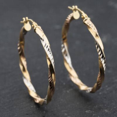 Pre-Owned 9ct Two Colour Gold 31mm Patterned Twist Hoop Earrings 41174035