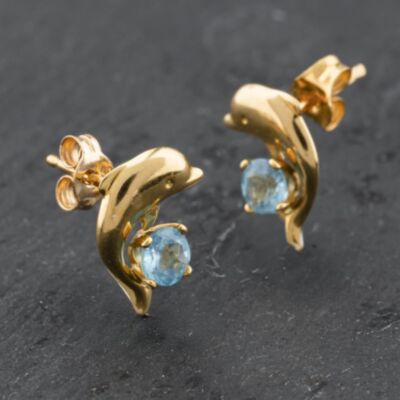 Pre-Owned 9ct Yellow Gold 10.7mm Blue Topaz Dolphin Stud Earrings 41174043