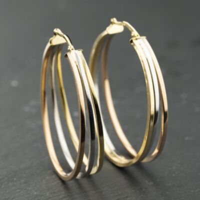 Pre-Owned 9ct Three Colour Gold 43mm Triple Row Hoop Earrings 41174119