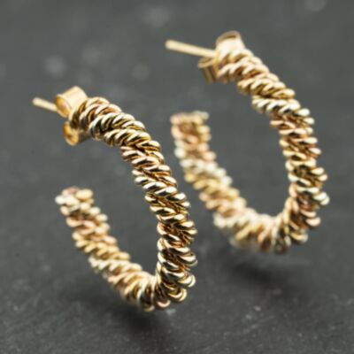 Pre-Owned 9ct Three Colour Gold 3mm Rope Twist Design Hoop Earrings 41174120