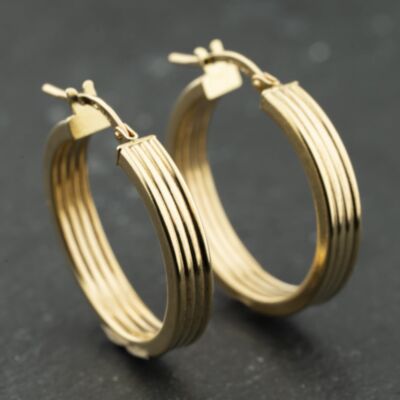 Pre-Owned 9ct Yellow Gold 24.3mm Lined Design Hoop Earrings 41174126