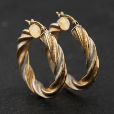 Pre-Owned 9ct Three Colour Gold 30mm Twist Hoop Earrings 41174230