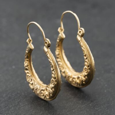 Pre-Owned Yellow Gold 27mm Foliate And Beaded Edge Pattern Hoop Earrings 41174244