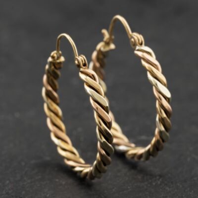 Pre-Owned 9ct Three Colour Gold 27mm Twisted Hoop Earrings 41174271