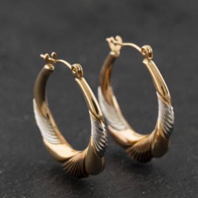 Pre-Owned 9ct Three Colour Gold 24mm Scalloped Textured Hoop Earrings 41174275