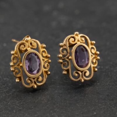 Pre-Owned 9ct Yellow Gold 12mm Amethyst Oval Stud Earrings 41174284