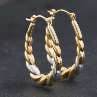 Pre-Owned 9ct Two Colour Gold 31mm Patterned Creole Earrings 41174307