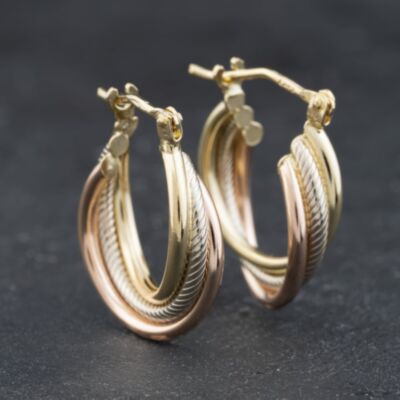 Pre-Owned 9ct Three Colour Gold 22mm Three Strand Twisted Creole Earrings 41174313