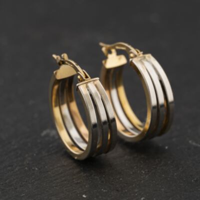 Pre-Owned 9ct Two Colour Gold Three Row 19mm Hoop Earrings 41174363