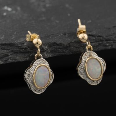 Pre-Owned Two Colour Gold Opal & 0.08ct Diamond 17mm Dropper Earrings 41174420