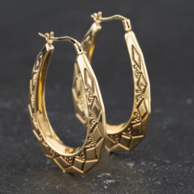 Pre-Owned 9ct Yellow Gold Patterned 39mm Creole Earrings 41174475