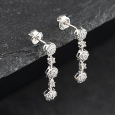 Pre-Owned 9ct White Gold Cubic Zirconia Triple Cluster 27mm Dropper Earrings 41174481