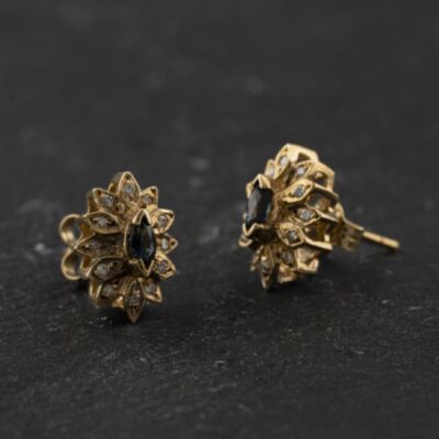 Pre-Owned Yellow Gold Dark Blue Topaz & 0.12ct Diamond Marquise Cluster 11mm Stud Earrings 41174612