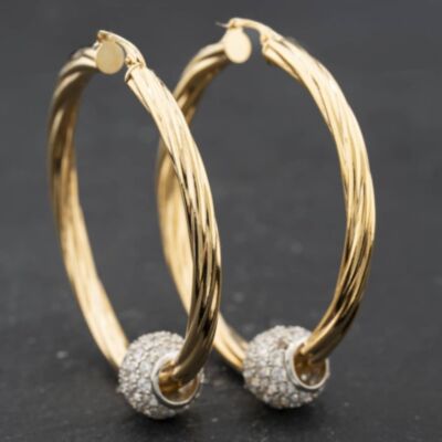 Pre-Owned 9ct Yellow Gold 48mm Cubic Zirconia Set Twist And Ball Hoop Earrings 41174695