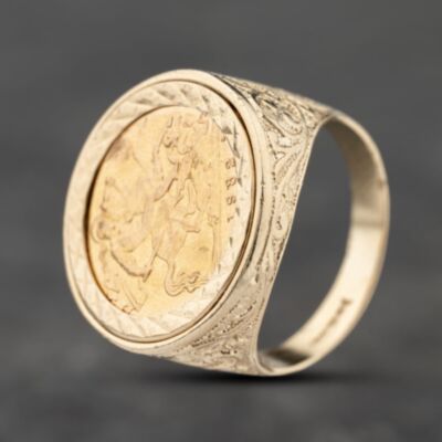 Pre-Owned 9ct Yellow Gold 1982 Queen Elizabeth II Half Sovereign Coin Ring 41201238BND