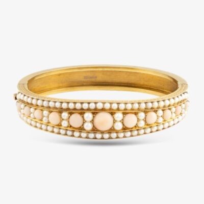 Pre-Owned 14ct Yellow Gold Coral & Pearl Standard Hinged Bangle 41211054