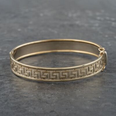 Pre-Owned 9ct Two Colour Gold Greek Key Design Standard Hinged Bangle 41211342