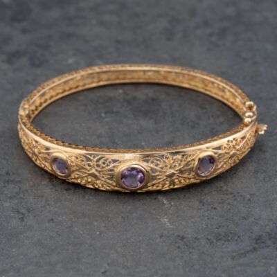Pre-Owned 9ct Yellow Gold Amethyst Ornate Openwork Graduating Hinged Bangle 41211366