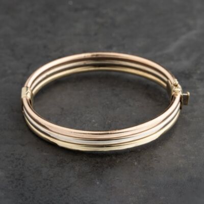 Pre-Owned 9ct Three Colour Gold Three Row Hinged Bangle 41211398